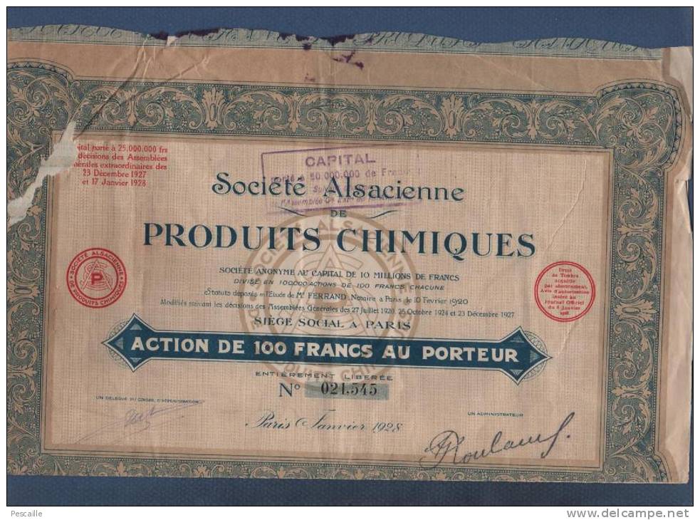 SOCIETE ALSACIENNE DE PRODUITS CHIMIQUES - ACTION DE 100 FRANCS AU PORTEUR - 1928 - Industrie