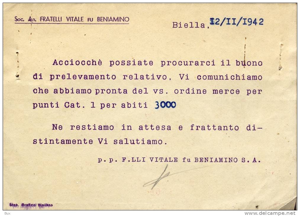 VITALE BIELLA    A    BARI   MINGUZZI   COMMERCIO   TESSUTO   LANA COTONIFICIO  ABBIGLIAMENTO   TIMBRO FASCISTA - Mercanti