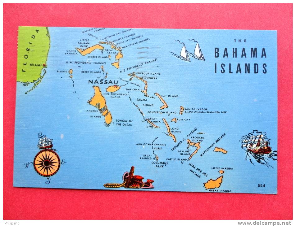 Map Of The Bahama Islands  Linen 1958 Cancel  ===  = ====      Ref 554 - Bahamas