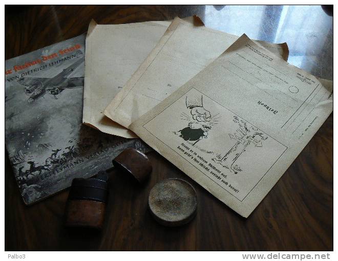 Lot Allemand Ww2 Briquet + Boite Preservatif Vide + Courrier Soldat + Livre - 1939-45