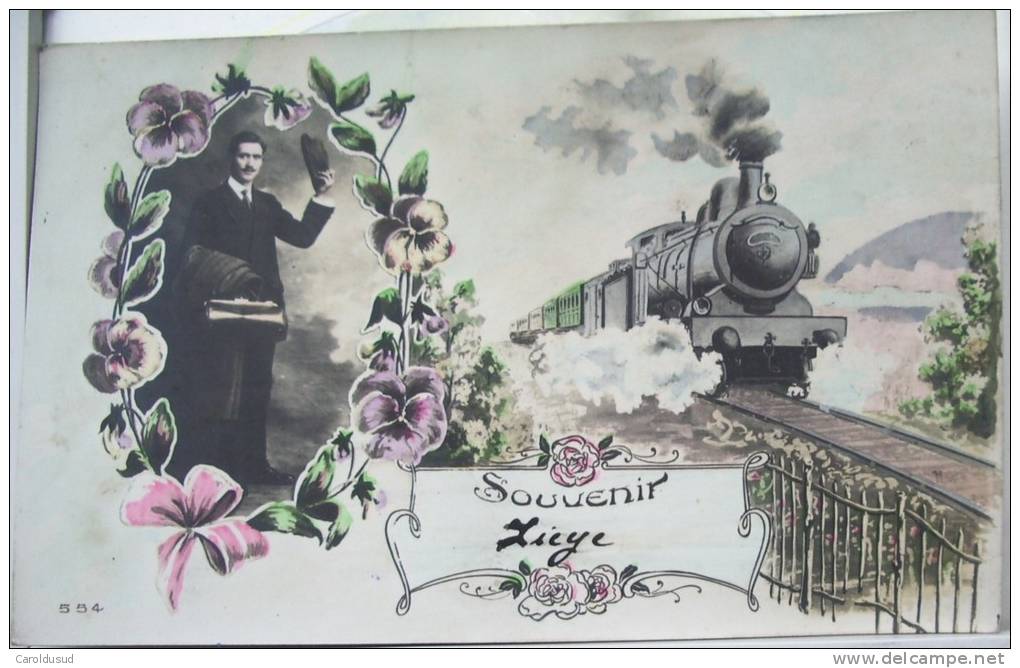 CPA Photo LITHO Montage Homme Salut Souvenir Bonjour De Liege GARE Train Vapeur Voyagé 1912 Vers Gare Noirfontaine - Souvenir De...