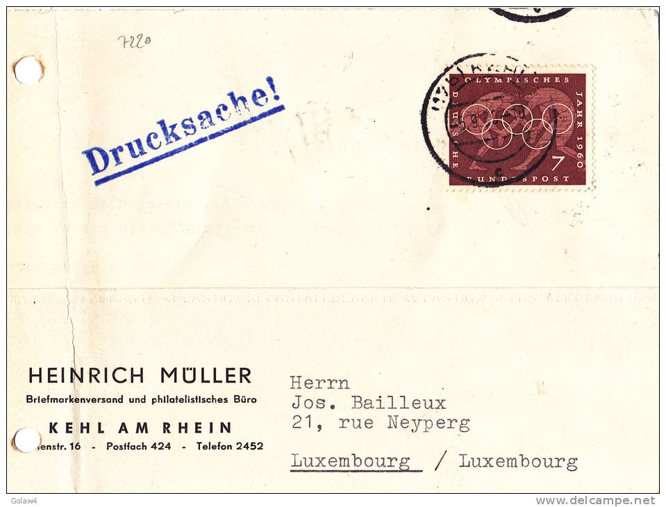 7220# ALLEMAGNE JEUX OLYMPIQUES 1960 LUTTE OLYMPIC GAMES / IMPRIME DRUCKSACHE Obl KEHL AM RHEIN Pour LUXEMBOURG - Lettres & Documents