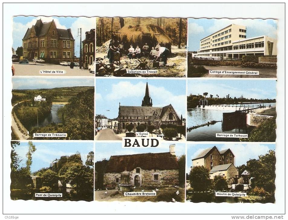 CPA - 56 - Morbihan - Baud - Multivues: Mairie- Collège - 2 Barrages- église Pont - Chaumière - Moulin - Baud