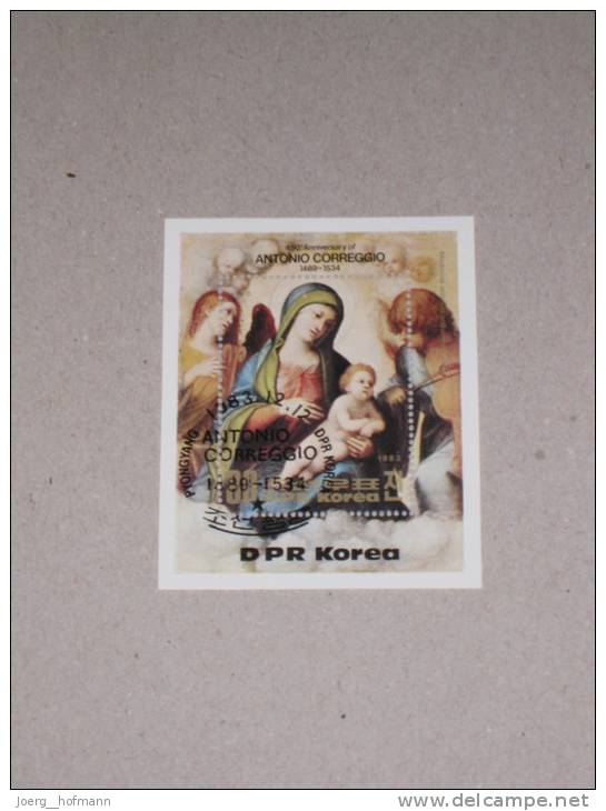 Block Scheet Northcorea Nordkorea 12.12.1983 Madonna  Maria Mit Kind Mary With Child Antonio Correggio Religion - Quadri