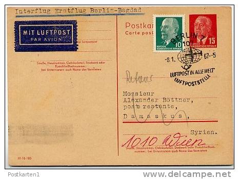 DDR P 64 II A Postkarte ERSTFLUG Berlin - DAMASKUS - BAGDAD  1967 - Posta Aerea