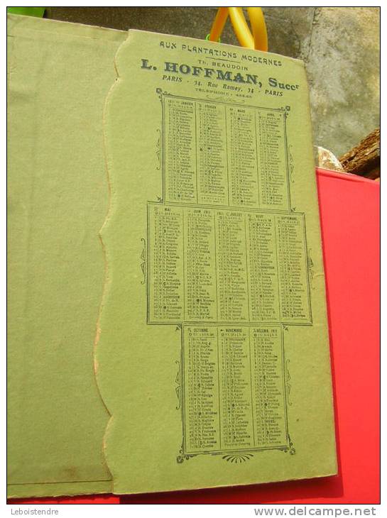 CALENDRIER 1911 SORTE DE PORTE MENUS PUBLICITAIRE AUX PLANTATIONS MODERNES TH.BEAUDOIN L.HOFFMAN,SUCC PARIS 34 RUE RAMEY - Grand Format : 1901-20