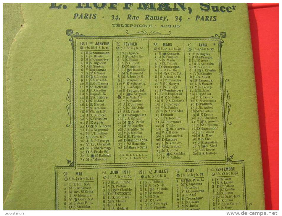 CALENDRIER 1911 SORTE DE PORTE MENUS PUBLICITAIRE AUX PLANTATIONS MODERNES TH.BEAUDOIN L.HOFFMAN,SUCC PARIS 34 RUE RAMEY - Big : 1901-20