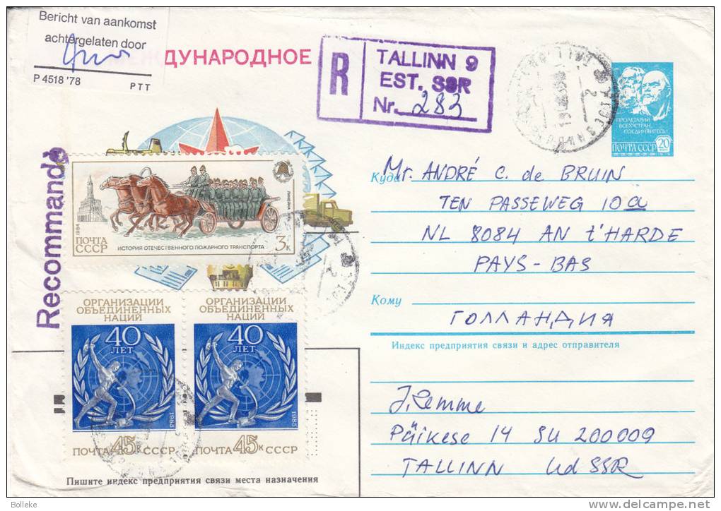 Russie - Estonie - Pays Bas - Lettre Recommandée De 1985 - Chevaux - Vignettre D'arrivé Des Pays Bas - Cartas & Documentos
