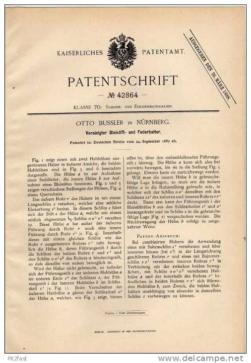 Original Patentschrift - O. Bussler In Nürnberg , 1887 , Bleistift - Und Federhalter , Feder , Faber , Pelikan !!! - Schreibgerät