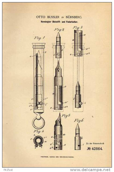 Original Patentschrift - O. Bussler In Nürnberg , 1887 , Bleistift - Und Federhalter , Feder , Faber , Pelikan !!! - Schreibgerät