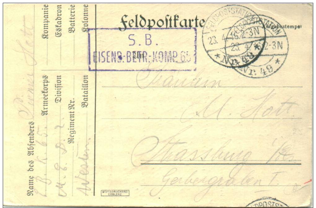 Feldpost 1.WK  EISENB.-BETR.-KOMP. 65  1916 - Briefe U. Dokumente