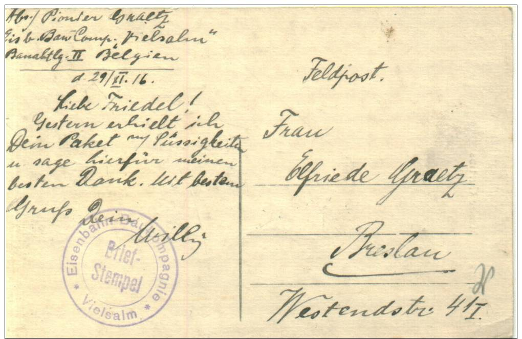 Feldpost 1.WK  EISENBAHN-BAUKOMPAGNIE  VIELSALM  Belgien 1916 - Briefe U. Dokumente