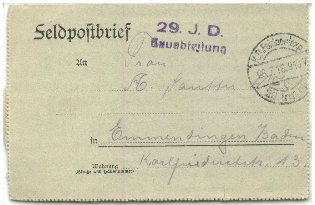 Feldpost 1.WK  29. I.D. BAUABTEILUNG  1916 - Briefe U. Dokumente