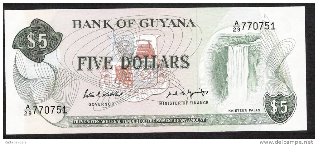 GUYANA  P22e 5 DOLLARS  1989 #A/29   Signature 7 UNC. - Guyana