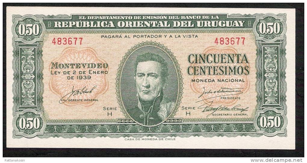 URUGUAY  P34   50  CENTESIMOS    1939 Serie H     UNC. - Uruguay