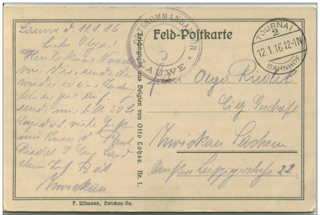 Feldpost 1.WK  ORTSKOMMANDANTUR LAUWE  Tournai 1916 - Briefe U. Dokumente