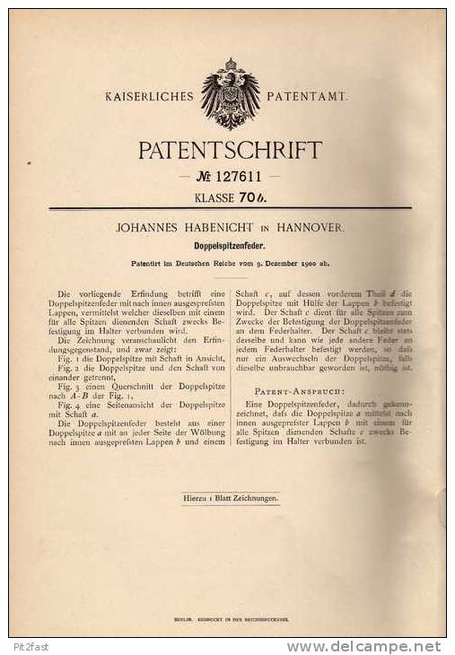 Original Patentschrift - Doppelspitzenfeder , 1900 , J. Habenicht In Hannover , Faber , Pelikan !!! - Plumes