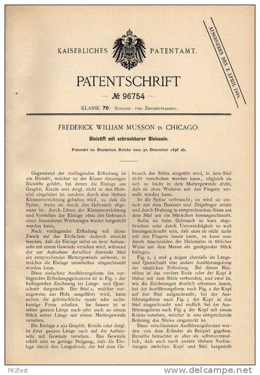 Original Patentschrift - F. Musson In Chicago , 1896 , Bleistift , Faber , Pelikan !!! - Schreibgerät