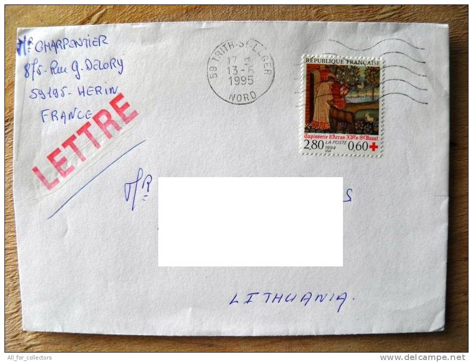 Cover Sent From France To Lithuania On 1995, Red Cross, Dog - Brieven En Documenten