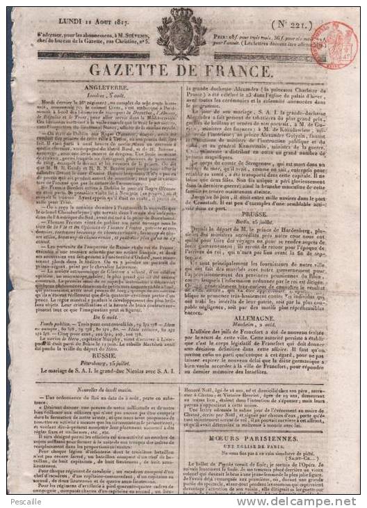 GAZETTE DE FRANCE 11 08 1817 - LONDRES - PARIS EGLISE SAINT ROCH - RUSSIE - TRUCHTERSHEIM - HISTOIRE DE LA BARBE - - 1800 - 1849