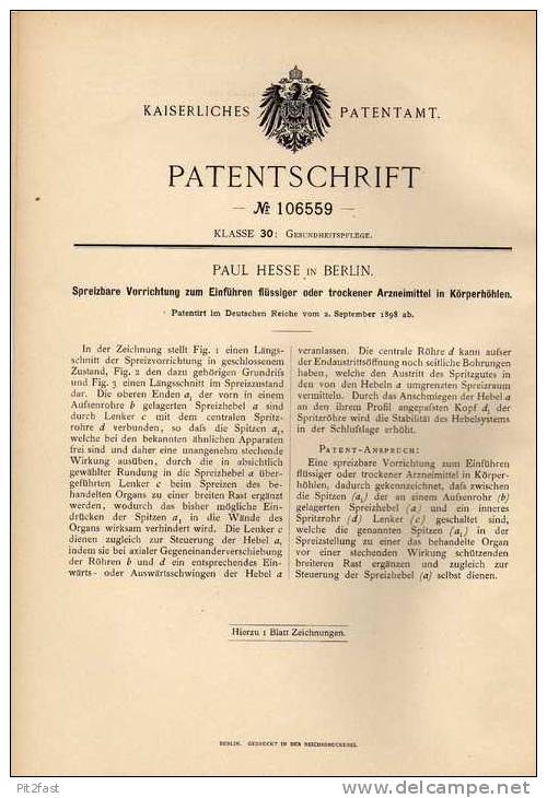 Original Patentschrift - Spreizer Zum Einführen In Körperöffnungen , Arzt , 1898 , P. Hesse In Berlin !!! - Antike Werkzeuge