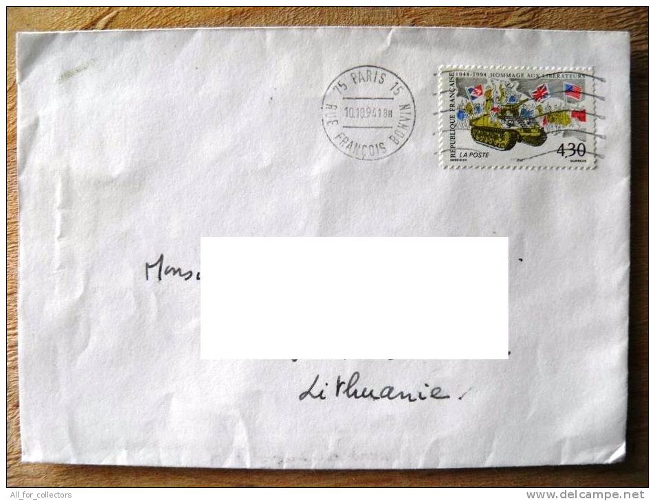 Cover Sent From France To Lithuania On 1994, Tank Transport Militaria Flags Liberty - Lettres & Documents