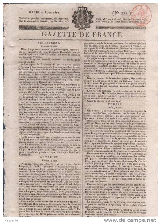 GAZETTE DE FRANCE 12 08 1817 - VIENNE - BERLIN - OFFICIERS DE REMPLACEMENT - SECTE REVOLUTIONNAIRE - DIVORCE ITALIE - - 1800 - 1849