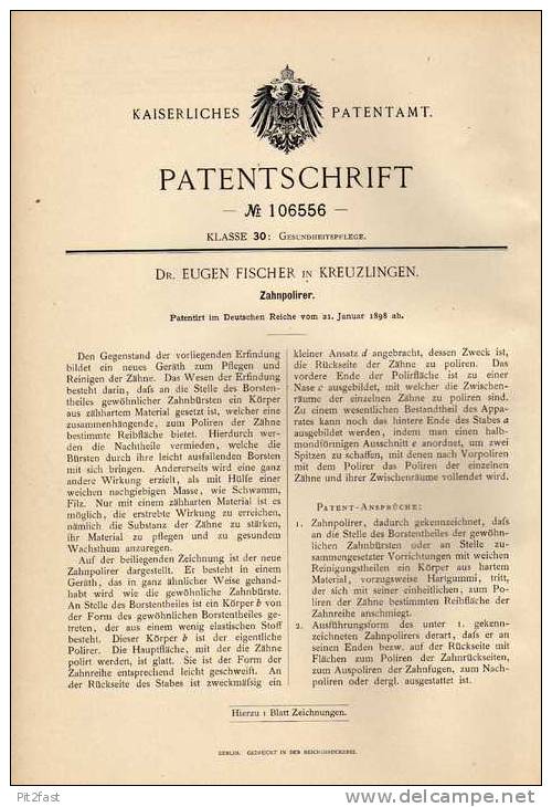 Original Patentschrift - Dr. E. Fischer In Kreuzlingen , 1898  , Polierer Für Zähne , Zahnarzt , Gebiss !!! - Antike Werkzeuge