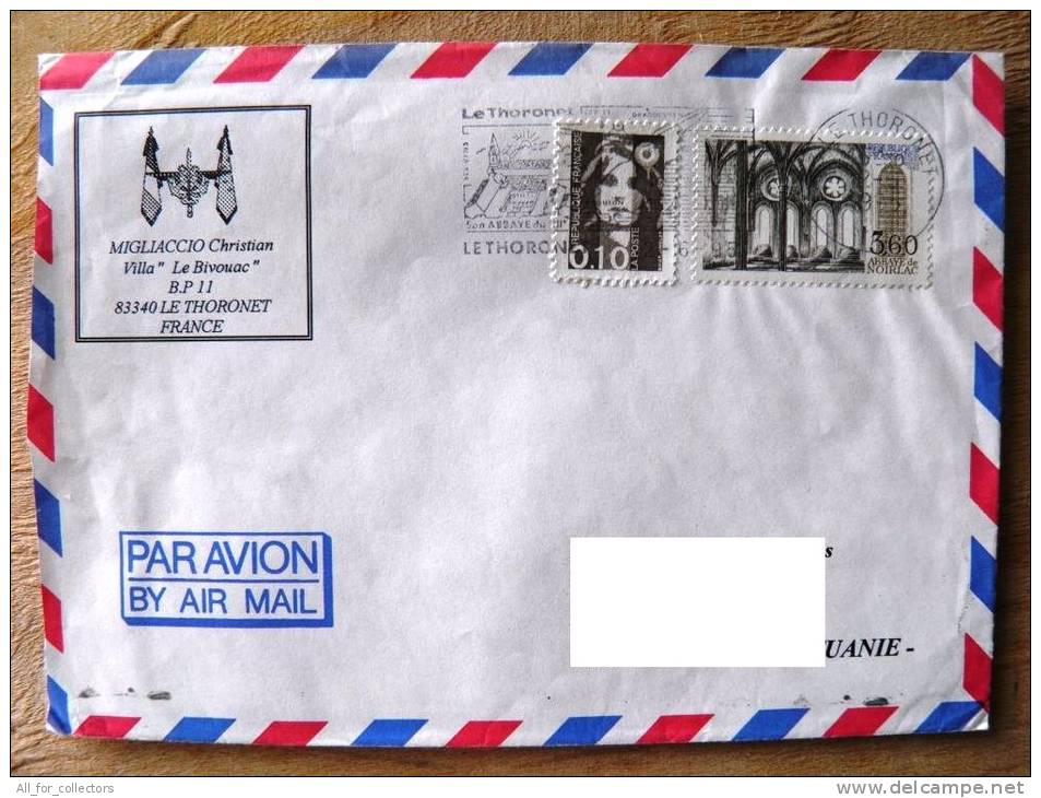 Cover Sent From France To Lithuania On 1995, Abbaye De Noirlac, Special Cancelle Thoronet - Brieven En Documenten