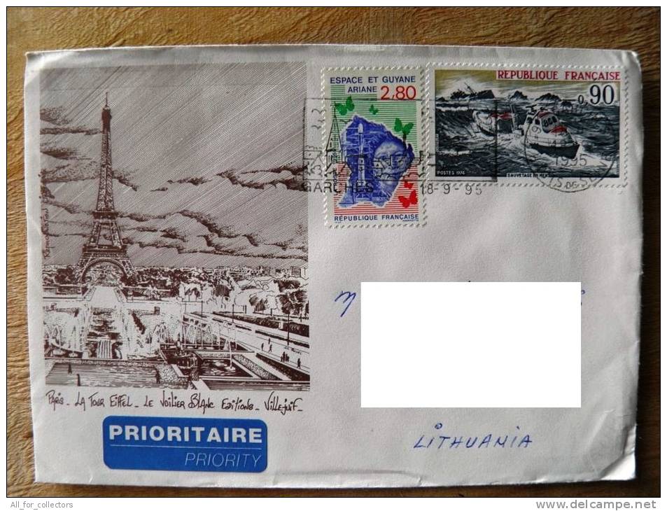 Cover Sent From France To Lithuania On 1995, Ship Sauvetage, Map, Rocket Space Espace Et Guyane Ariane, Eifel Paris - Brieven En Documenten