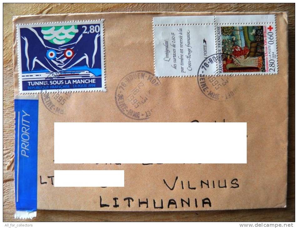 Cover Sent From France To Lithuania On 1995, Red Cross Croix Rouge, Tunnel Sous La Manche - Lettres & Documents