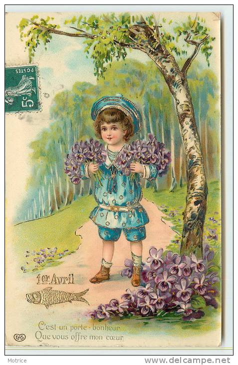 1er AVRIL  - Enfant Et Violettes. - 1er Avril - Poisson D'avril