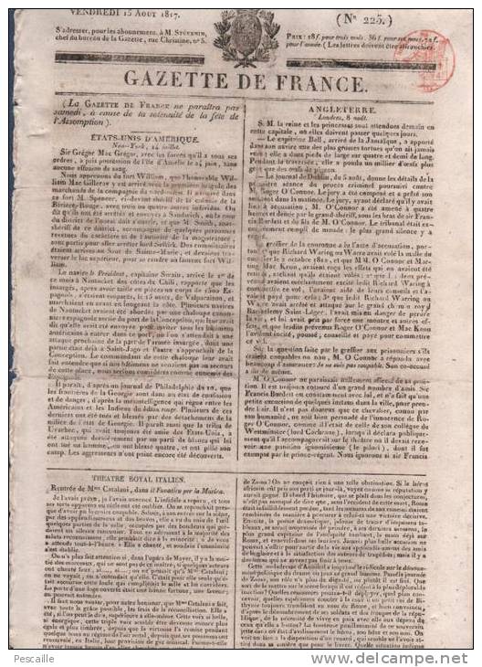 GAZETTE DE FRANCE 15 08 1817 NEW YORK - THEATRE ROYAL ITALIEN - ANNIBAL FIRMIN DIDOT - AMNISTIE - INFANTICIDE VILLEJUIF - 1800 - 1849