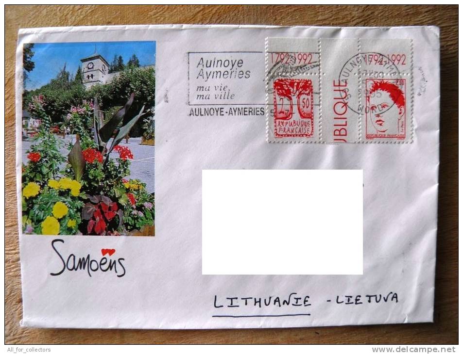 Cover Sent From France To Lithuania On 1995, Tree, Face, Special Cancel Auinoye Aymeries, Samoens - Brieven En Documenten