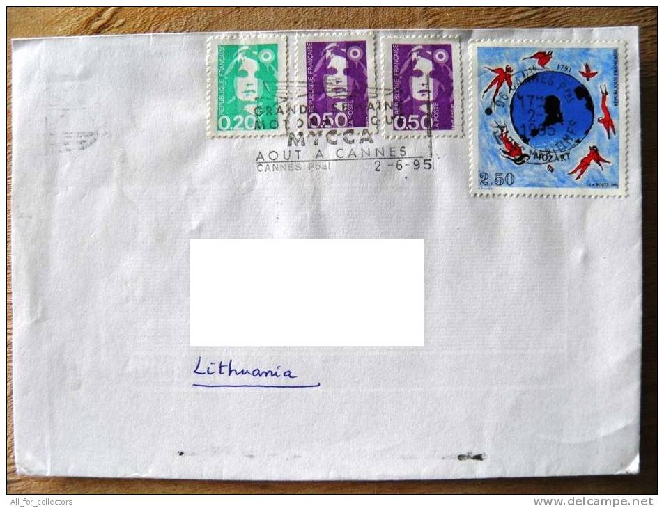 Cover Sent From France To Lithuania On 1995, Mozart Music, Special Cancel Mycca - Lettres & Documents