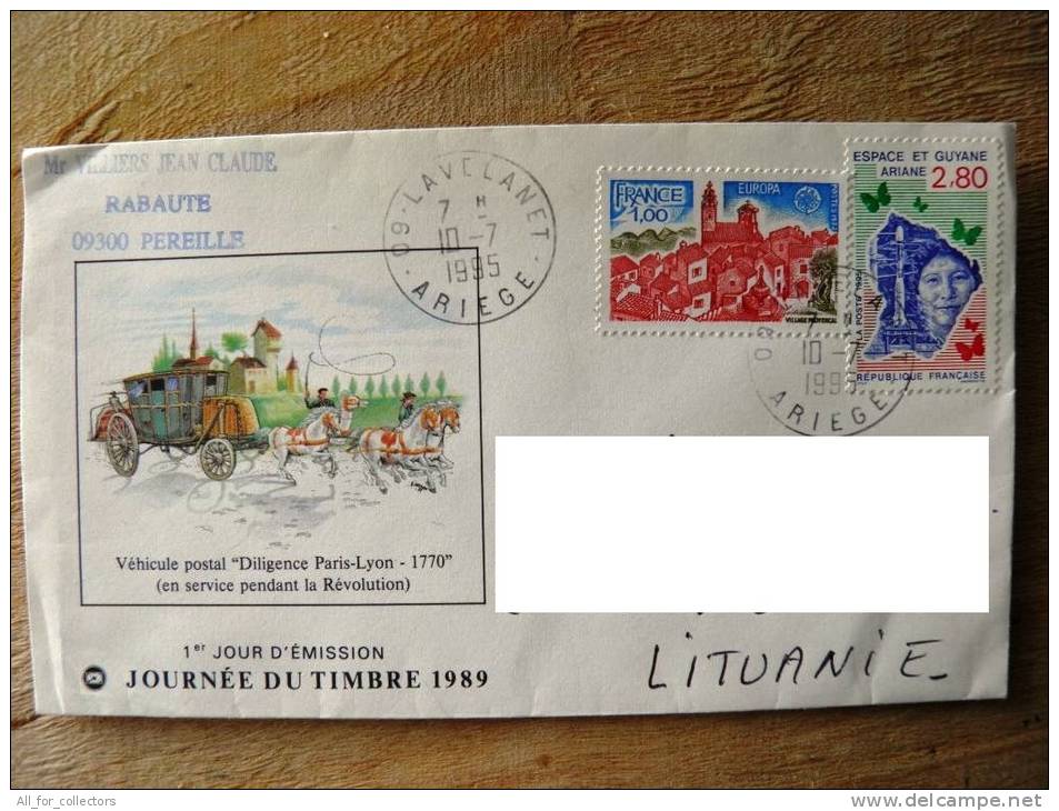 Cover Sent From France To Lithuania On 1995, Map Butterflies, Rocket Space Guy, Europa Cept, Diligence Paris-lyon Horses - Lettres & Documents