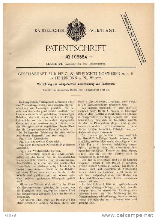 Original Patentschrift - Heiz-& Beleuchtungs GmbH In Heilbronn A.N., 1898 , Verschieben Von Gaslampen !!! - Luminarie E Lampadari