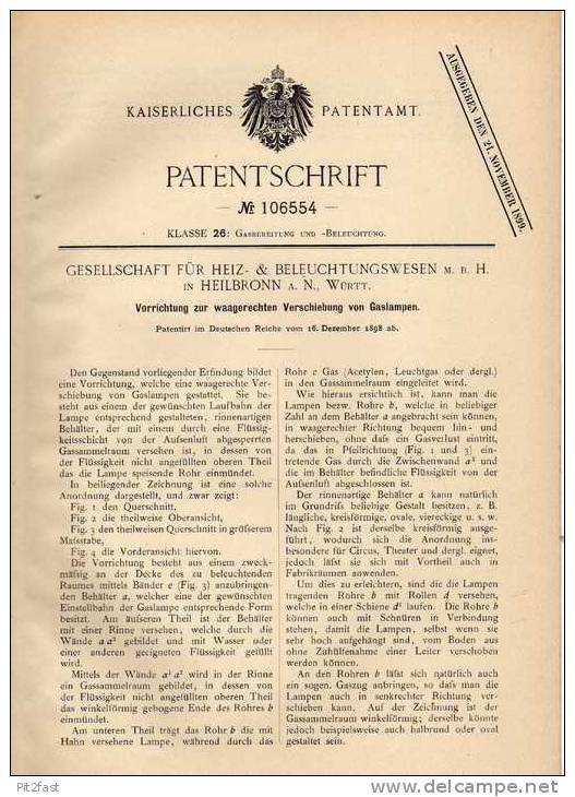 Original Patentschrift - Heiz-& Beleuchtungs GmbH In Heilbronn A.N., 1898 , Verschieben Von Gaslampen !!! - Lighting & Lampshades