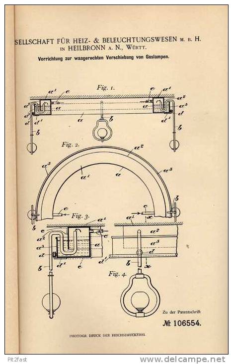 Original Patentschrift - Heiz-& Beleuchtungs GmbH In Heilbronn A.N., 1898 , Verschieben Von Gaslampen !!! - Luminarie E Lampadari