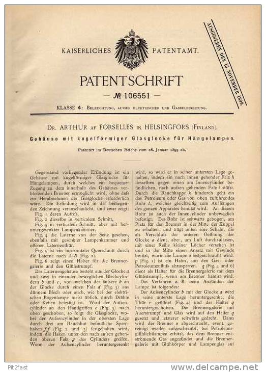 Original Patentschrift - Dr. A. Af Forselles In Helsingfors , Finland , 1899 , Glasglocke Für Lampe , Hängelampe !!! - Luminaires & Lustres