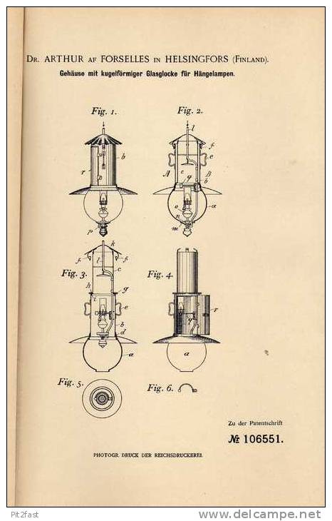 Original Patentschrift - Dr. A. Af Forselles In Helsingfors , Finland , 1899 , Glasglocke Für Lampe , Hängelampe !!! - Leuchten & Kronleuchter