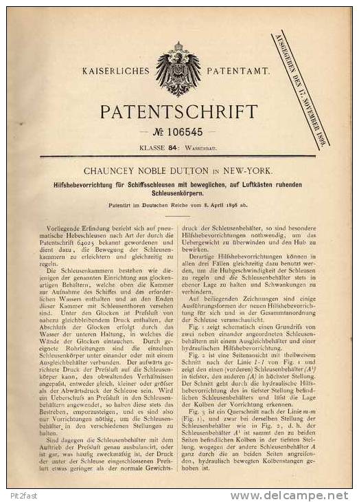 Original Patentschrift - Schleuse , Schiffshebewerft , 1896 , C. Dutton In New York , Werft !!! - Autres & Non Classés