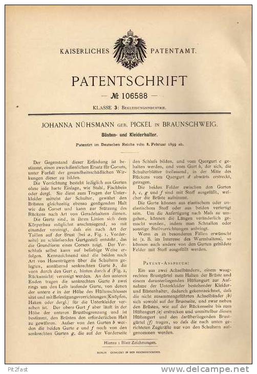 Original Patentschrift - Büstenhalter , BH , 1899 , J. Nühsmann In Brauschweig !!! - Vor 1900