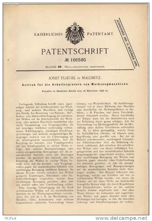 Original Patentschrift - J. Fliegel In Mallmitz I. Schlesien / Malomice , 1898 , Spindeln Für Werkzeugmaschinen !!! - Maschinen