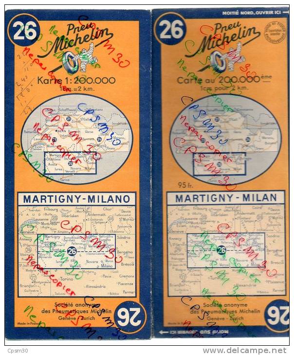 Carte Géographique MICHELIN - N° 026 MARTIGNY - MILANO / MARTIGNY - MILANO- 1951 - Strassenkarten