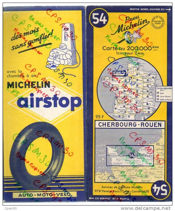 Carte Géographique MICHELIN - N° 054 CHERBOURG - ROUEN - 1954 (avec Iles Anglo-Normande) - Strassenkarten