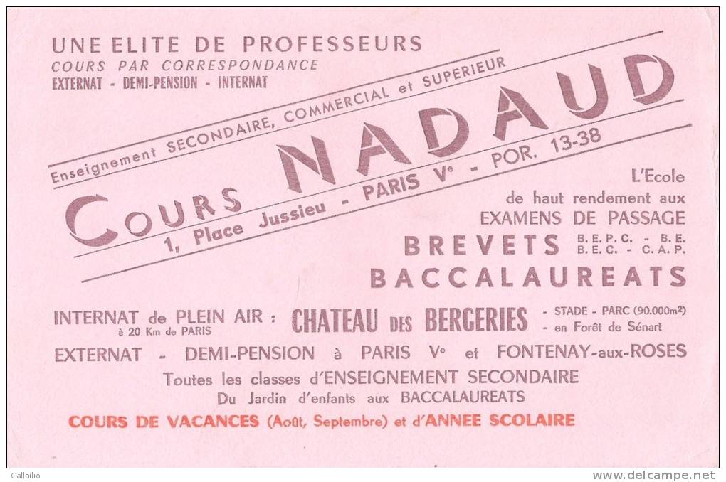 Buvard  COURS NADAUD PARIS UNE ELITE DE PROFESSEURS - Cartoleria