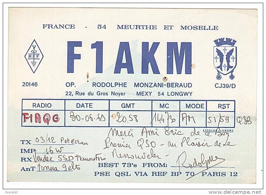 CARTE - RADIO - QSL - LONGWY - 54 - 1969. - Radio Amateur