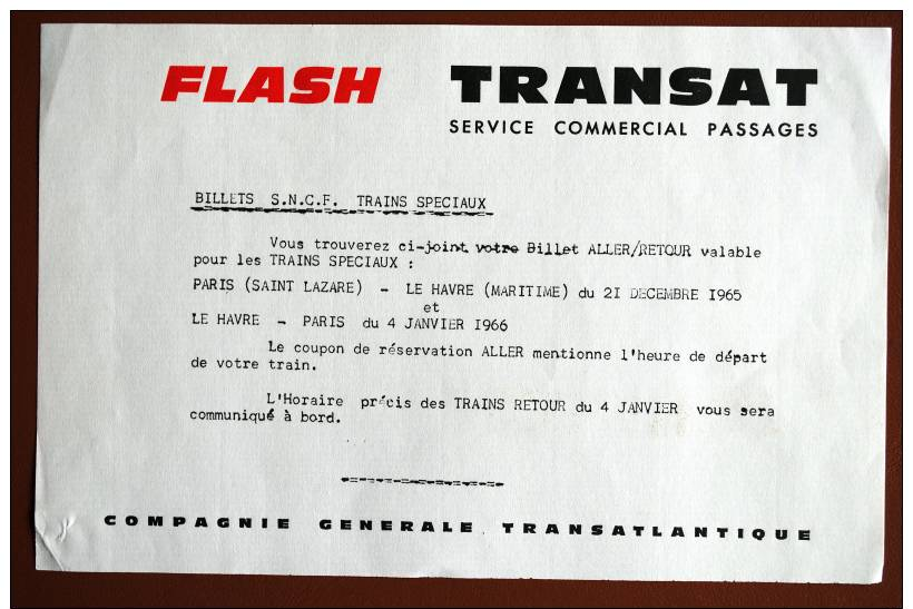 BILLET DE TRAIN SNCF FLASH TRANSAT COMPAGNIE GENERALE TRANSATLANTIQUE 21 DECEMBRE 1965 - Europe