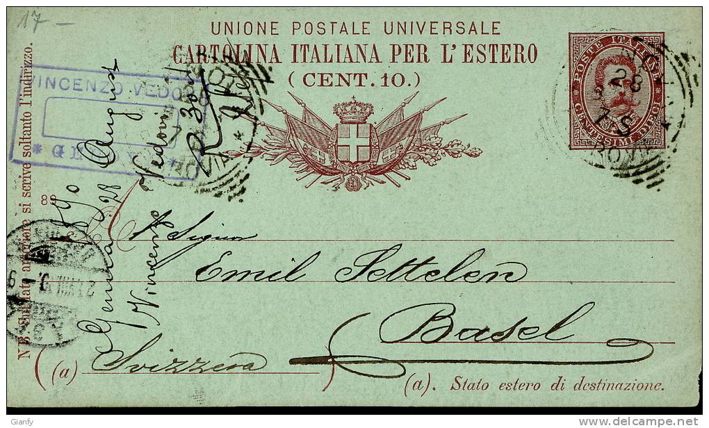 INTERO REGNO UMBERTO I 10 C. BIGOLA VG 1890 GENOVA X ESTERO - Entiers Postaux